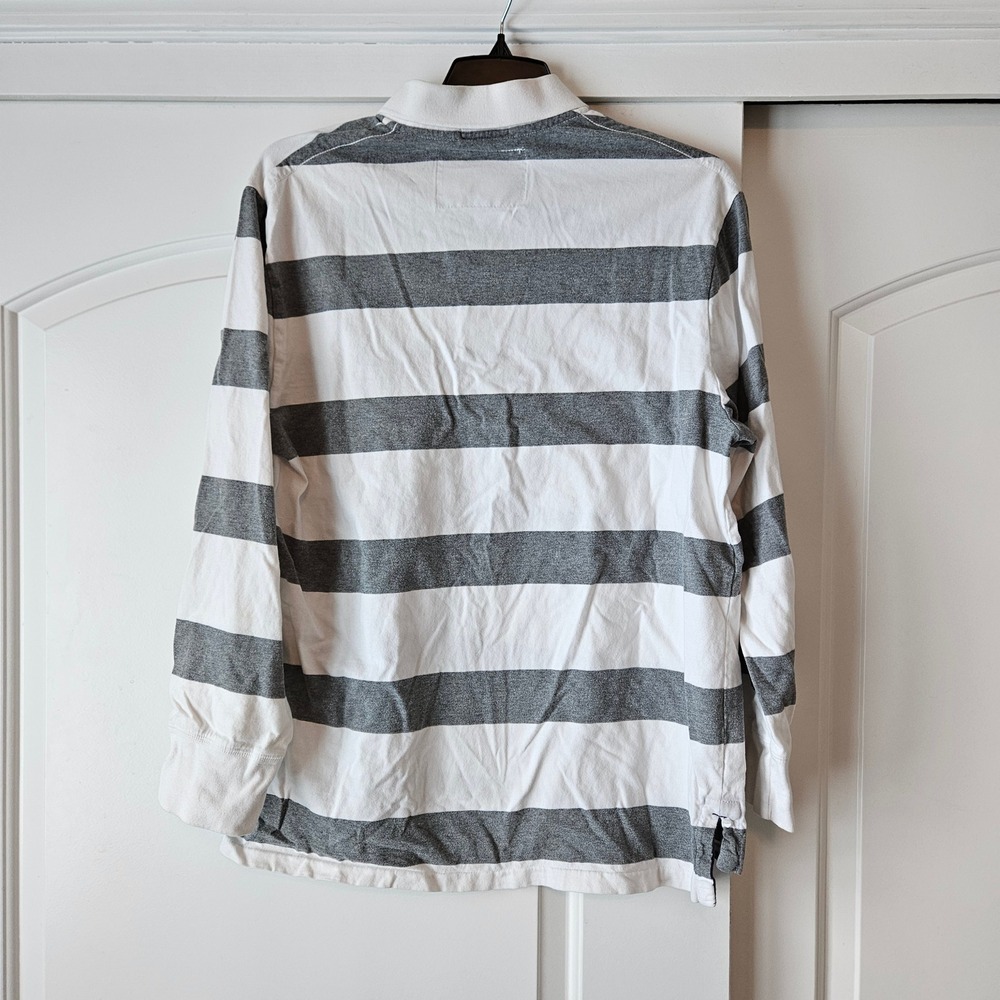 American Eagle Long Sleeve Gray White Striped Eagle Polo Mens XL Rugby Preppy - Picture 3 of 6